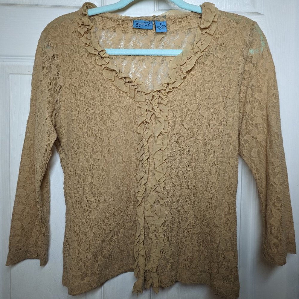 Tan Ruffle V Neck Lace Top with Front Lining 3/4 Length Sleeves